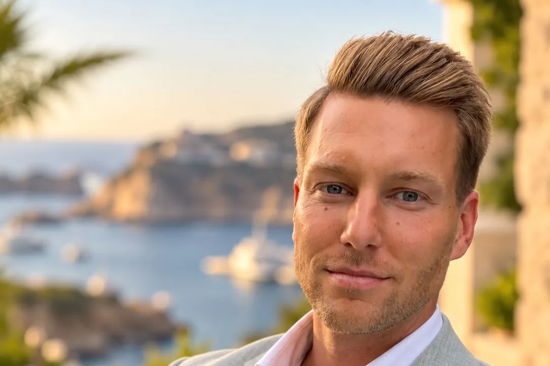 Armin Soostmeyer im hellgrauen Sakko vor einer Bucht im Abendlicht