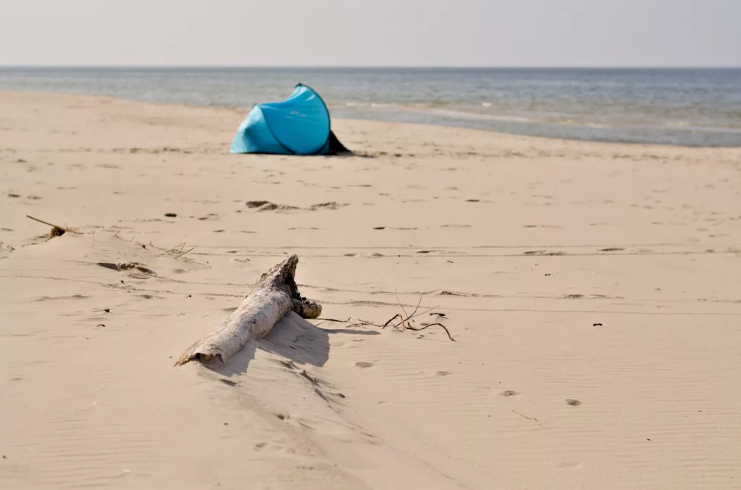 Ein kleines blaues Zelt steht an einem Sandstrand auf Mallorca in der Nähe des Wassers, mit einem großen Treibholzstamm im Vordergrund und dem Meer im Hintergrund.