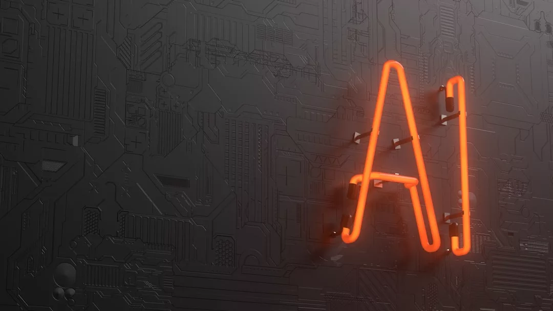An einer dunklen Wand ist ein neonoranges „AI“-Schild mit einem Leiterplattenmuster angebracht, das futuristisches Flair verbreitet und an Mallorcas pulsierendes Nachtleben erinnert.