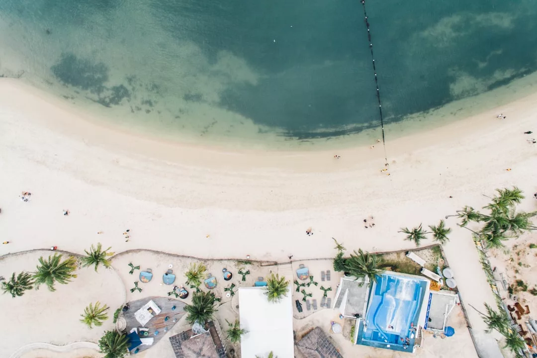 Luftaufnahme eines Sandstrandes auf Mallorca mit ruhigem Wasser, vereinzelten Palmen und einigen Gebäuden in Ufernähe; auf dem Sand und im Wasser sind Menschen zu sehen.