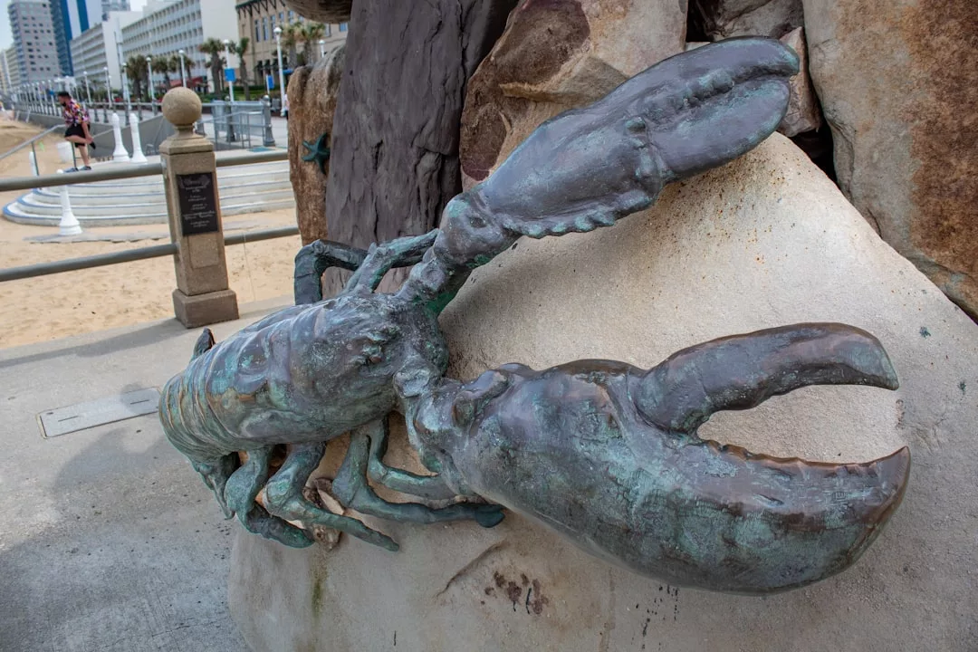 Eine große bronzene Hummerskulptur ist auf einem Felsen entlang eines gepflasterten Strandwegs auf Mallorca montiert, im Hintergrund sind Gebäude und Palmen zu sehen.