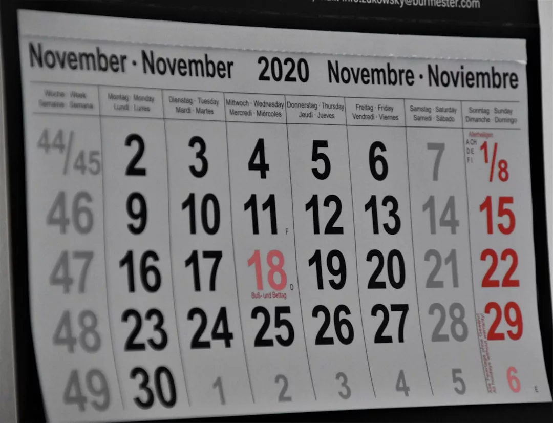 Eine Nahaufnahme einer Mallorca-Wandkalenderseite für November 2020 in vier Sprachen, wobei die Sonntage und der 18. rot markiert sind.