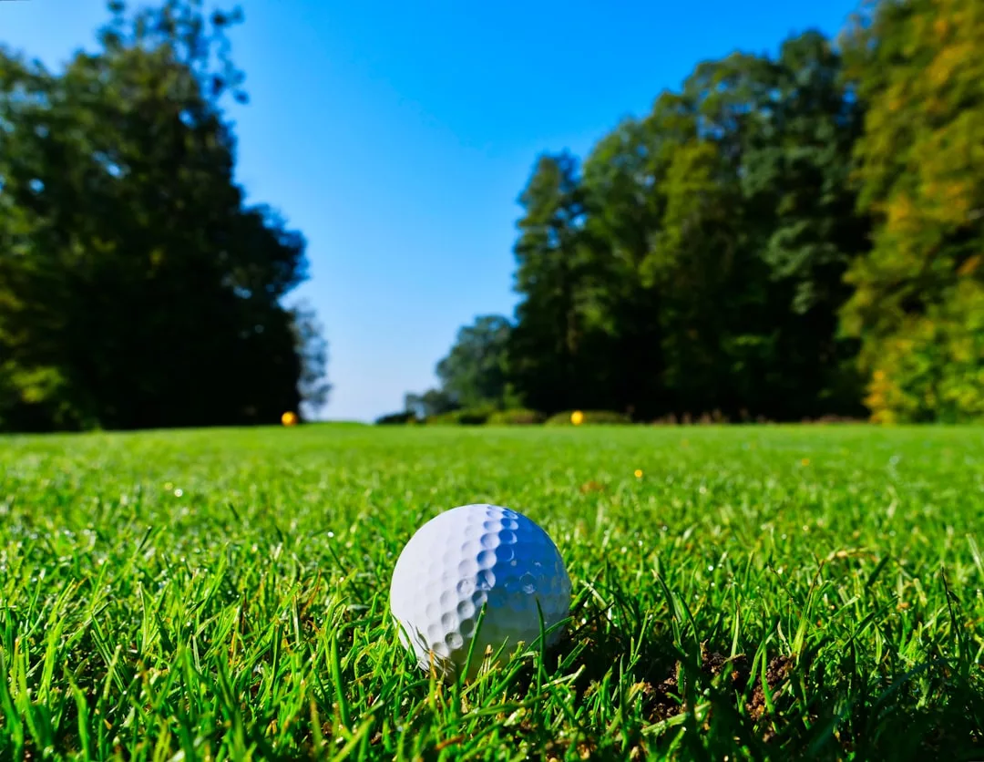 Eine Nahaufnahme eines weißen Golfballs, der auf grünem Gras auf Mallorca liegt, mit Bäumen im Hintergrund unter einem klaren blauen Himmel.