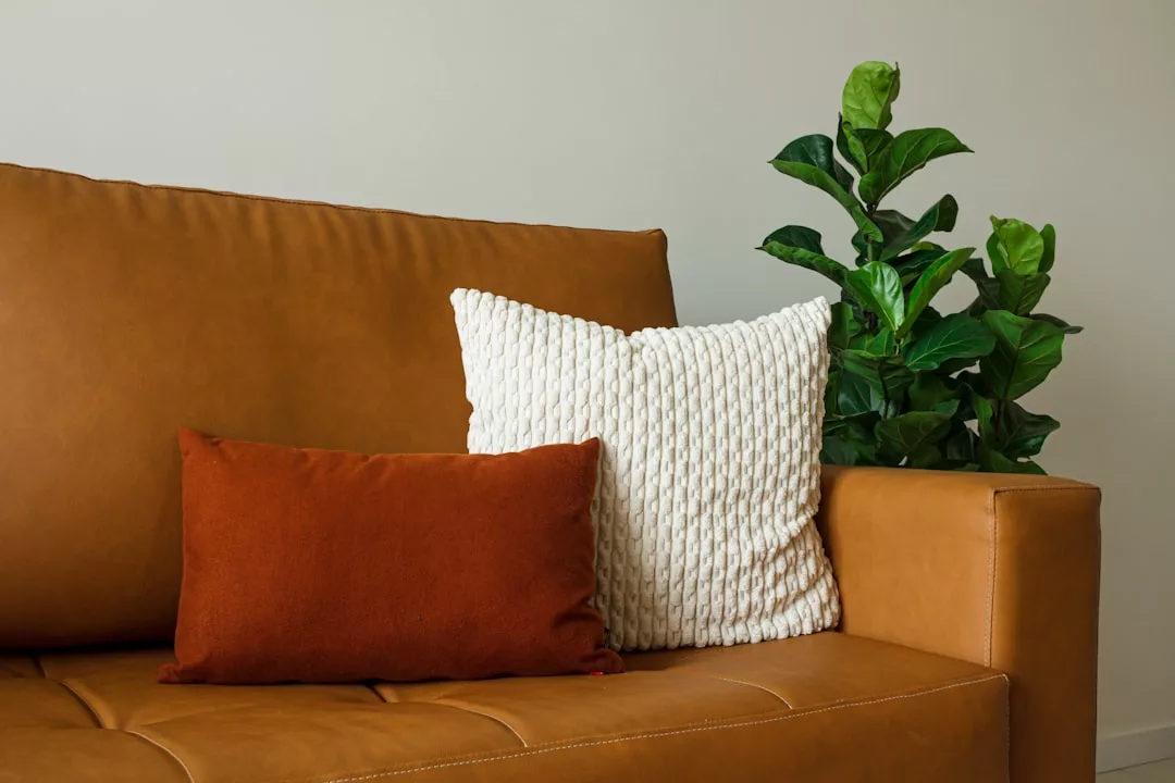 Ein braunes Ledersofa mit einem rostfarbenen Kissen, einem weißen Strukturkissen und einer grünen Topfpflanze im Hintergrund vermitteln vor einer hellen Wand einen entspannten Mallorca-Stil.