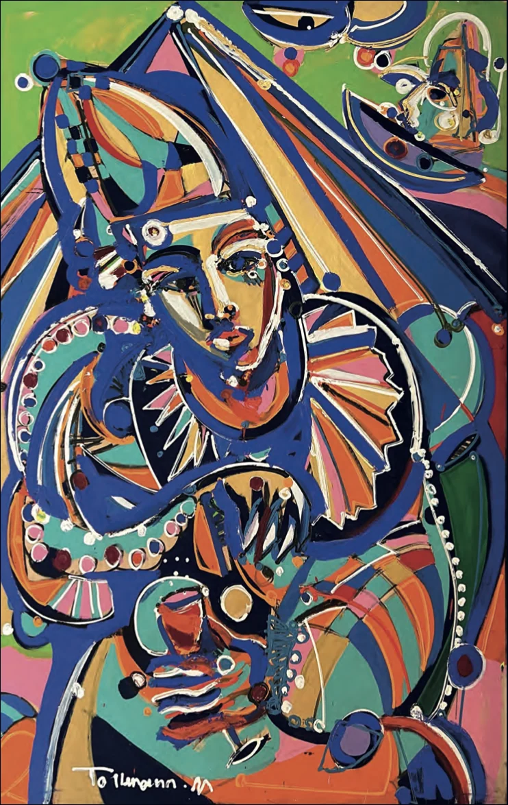 Gro&szlig;formatiges Gem&auml;lde von Markus Tollmann in Blau, Orange und Gr&uuml;n mit einer sitzenden Figur