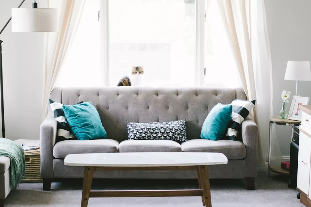 Ein graues Sofa mit blaugrünen und schwarz-weißen Kissen steht vor einem großen Fenster und bietet einen Ausblick, der an Mallorca erinnert. Auf dem Fensterbrett hinter dem Sofa sitzt eine Katze, während ein Couchtisch und Lampen die ruhige Atmosphäre unterstreichen.